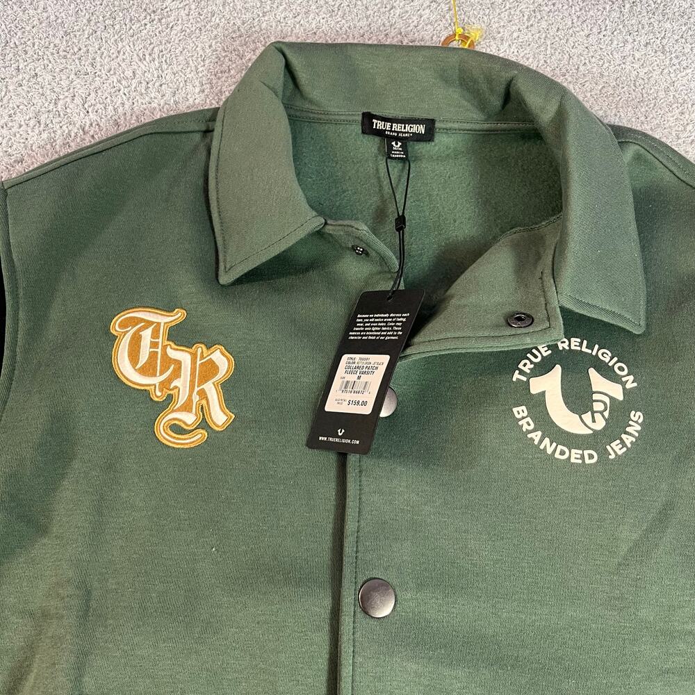 NEW True religion collared patch varsity fleece sz M green and black Buddha NWT